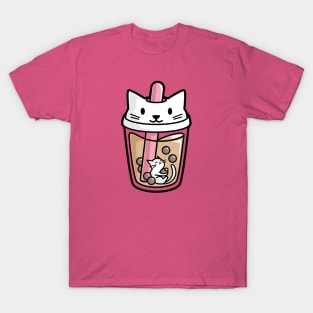 Bubble Tea with White Cute Kawaii Cat Inside T-Shirt